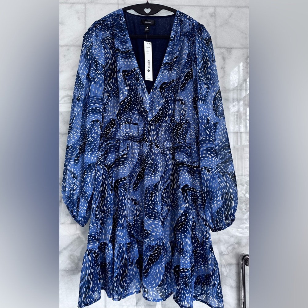 AQUA Blue Multi Print Long Sleeve Tiered Mini Dress Size M NWT